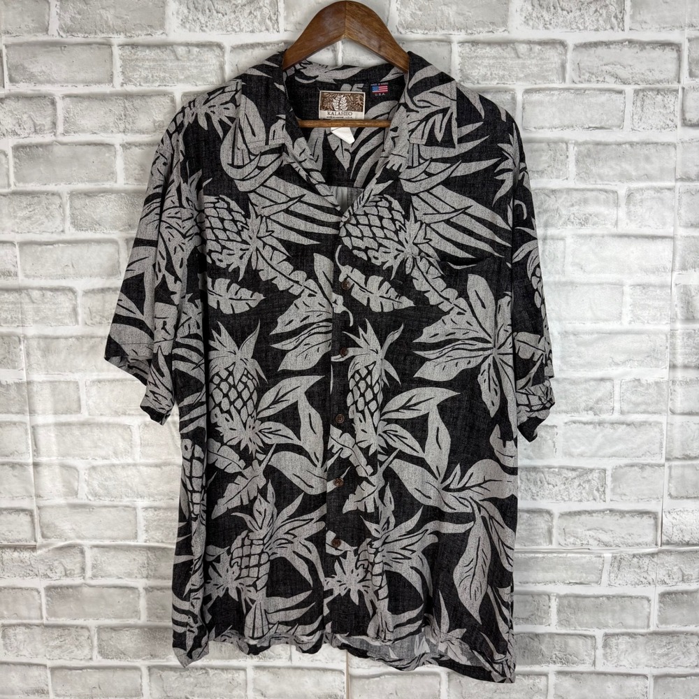 Kalaheo Hawaiian Shirt Mens 2XL Black Grey Pineapple Tropical Print Made in USA